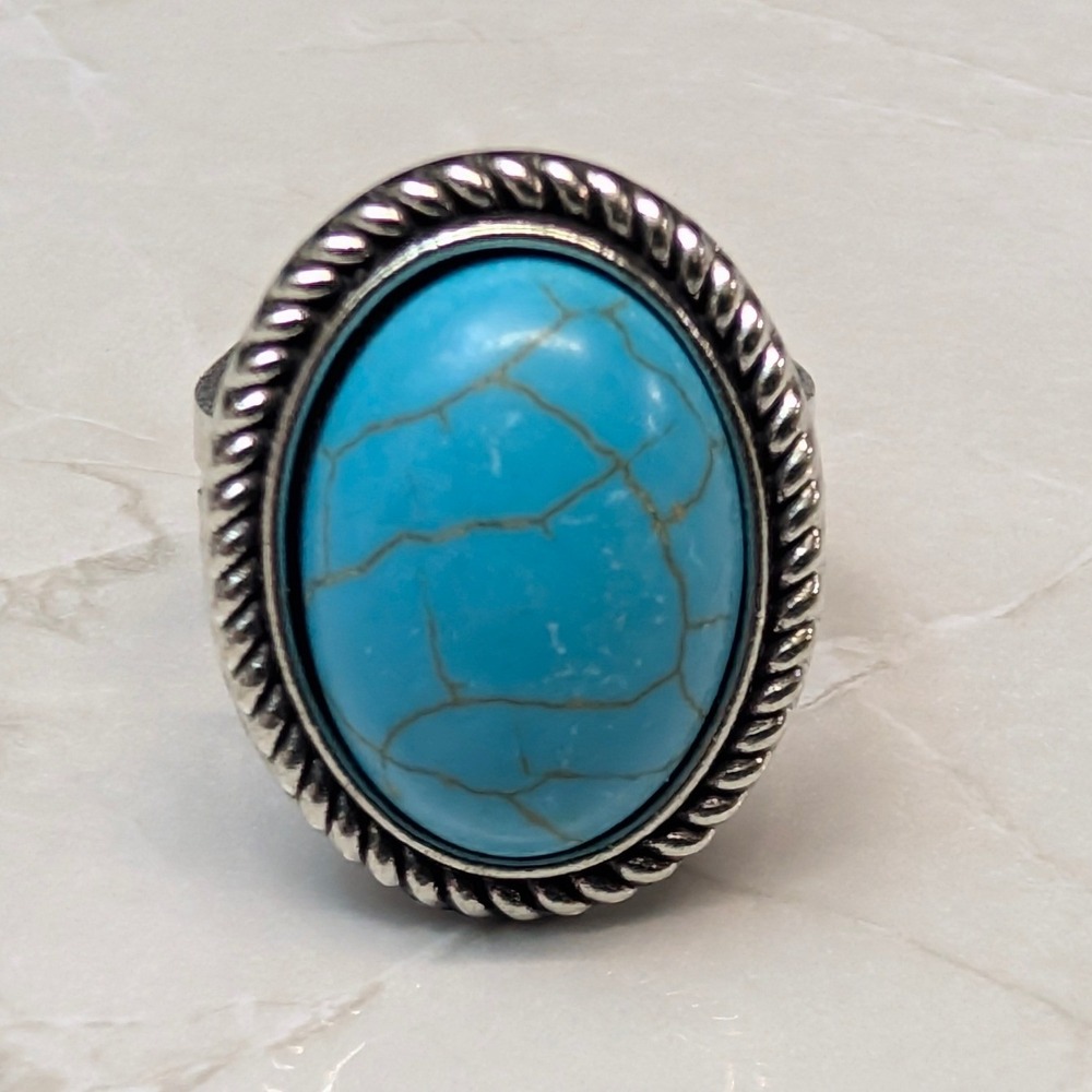 New Ring Faux Turquoise Oval Rope Border Adjustable Band Cowgirl Western Boho